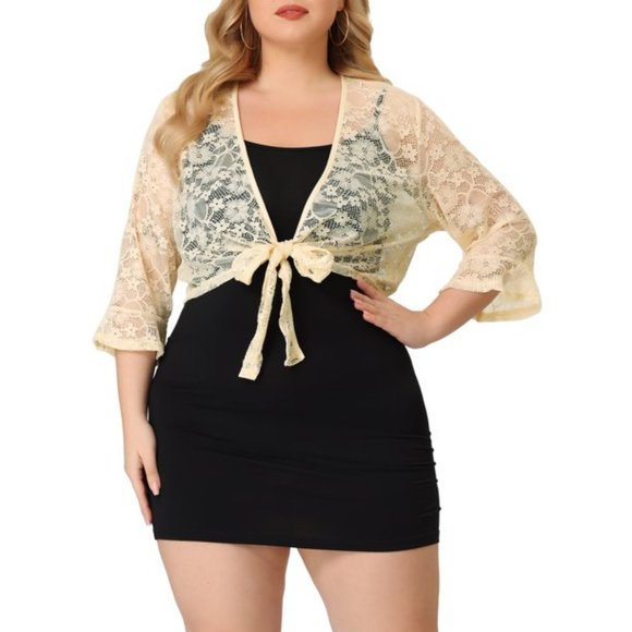 Women's Plus Cardigan Tie Front Floral Hollow Out Lace Draped Cover-Ups Beige - Picture 6 of 7